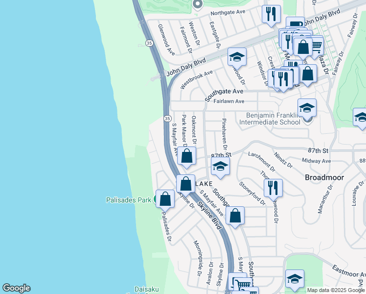 map of restaurants, bars, coffee shops, grocery stores, and more near 88 Park Manor Drive in Daly City