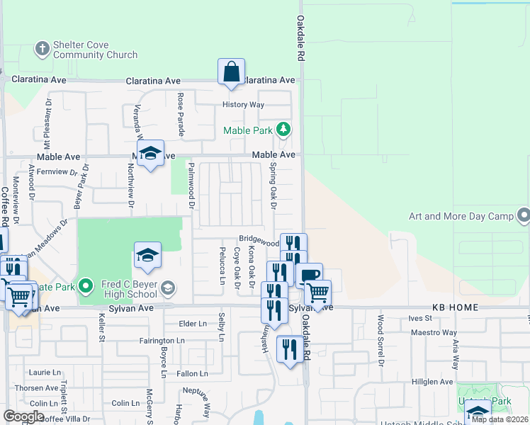 map of restaurants, bars, coffee shops, grocery stores, and more near 3813 Spring Oak Drive in Modesto