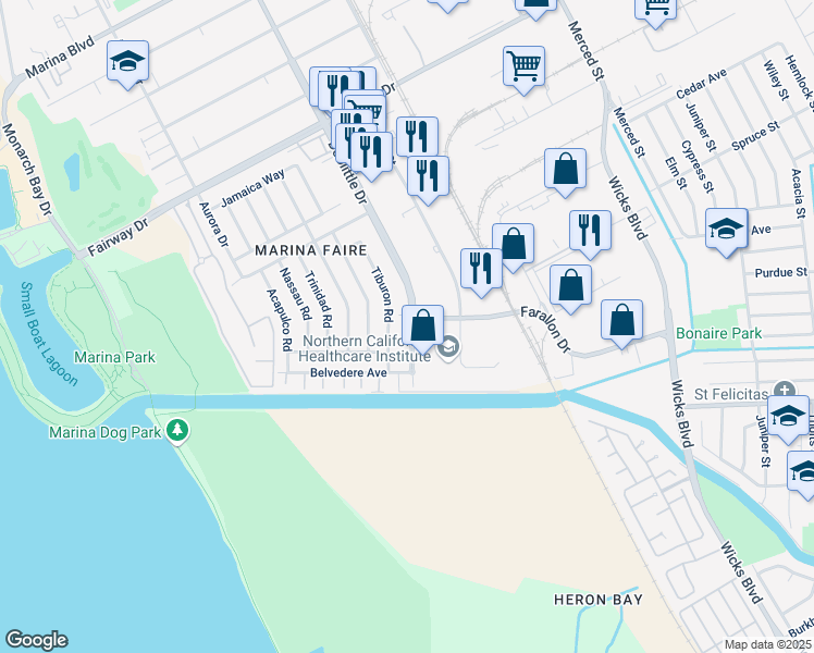 map of restaurants, bars, coffee shops, grocery stores, and more near 14491 Doolittle Drive in San Leandro