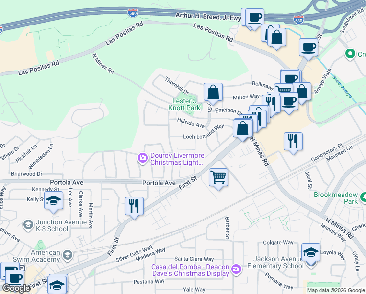 map of restaurants, bars, coffee shops, grocery stores, and more near 3848 Macgregor Common in Livermore