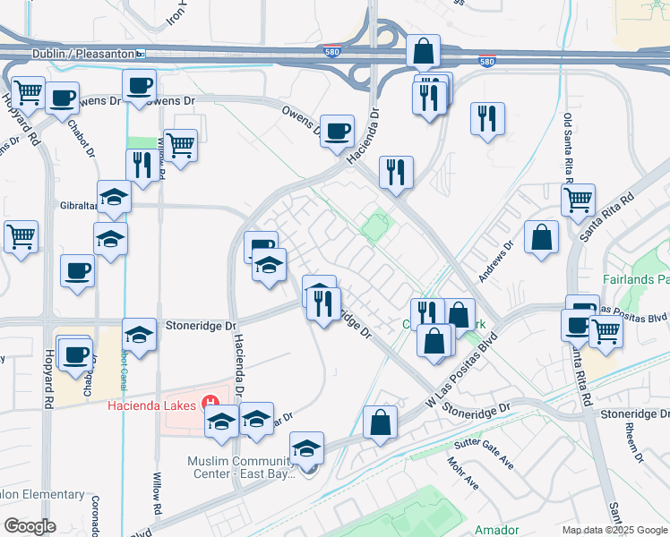 map of restaurants, bars, coffee shops, grocery stores, and more near 3852 Appian Street in Pleasanton