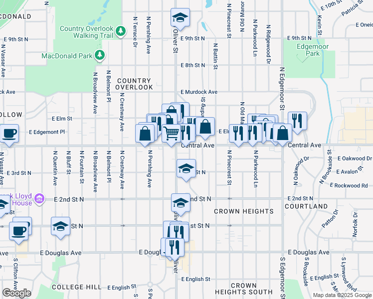 map of restaurants, bars, coffee shops, grocery stores, and more near 4813 East Central Avenue in Wichita