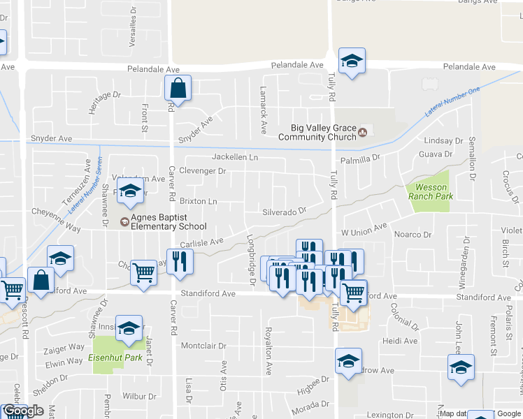 map of restaurants, bars, coffee shops, grocery stores, and more near 1425 Silverado Drive in Modesto