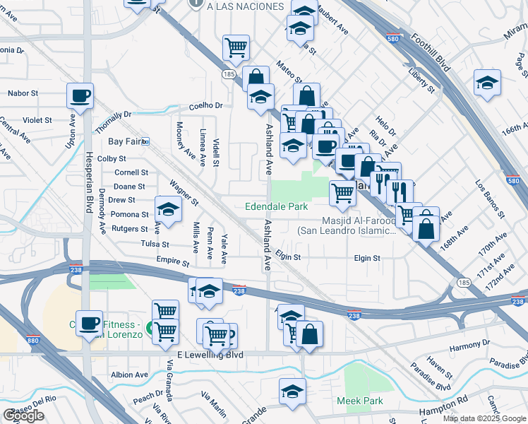 map of restaurants, bars, coffee shops, grocery stores, and more near 16287 Ashland Avenue in San Lorenzo