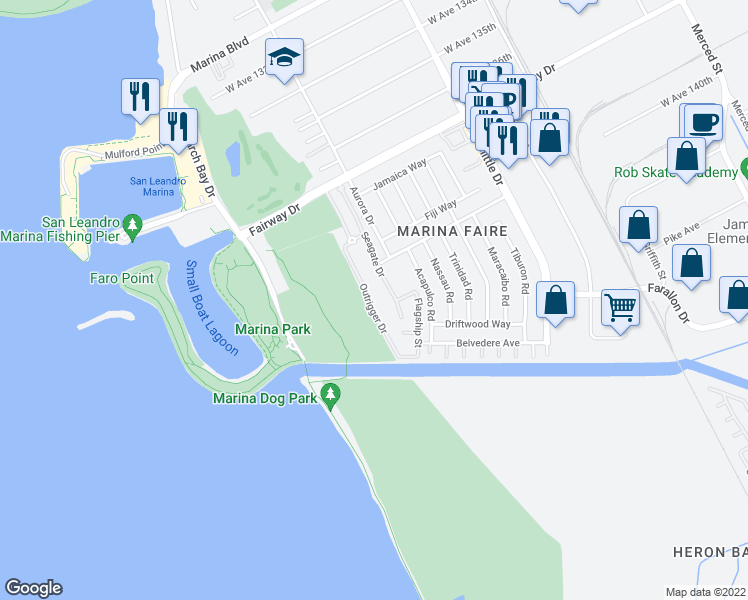 map of restaurants, bars, coffee shops, grocery stores, and more near 14370 Outrigger Drive in San Leandro