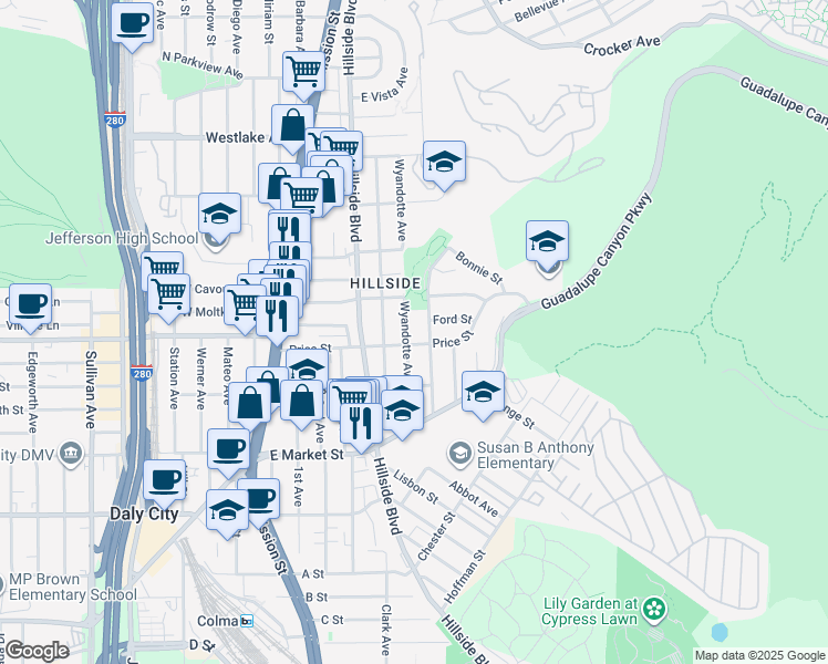 map of restaurants, bars, coffee shops, grocery stores, and more near 475 Wyandotte Avenue in Daly City