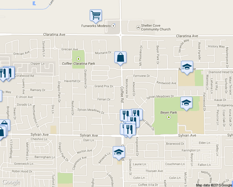 map of restaurants, bars, coffee shops, grocery stores, and more near 3713 Coffee Road in Modesto