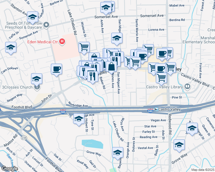 map of restaurants, bars, coffee shops, grocery stores, and more near 21019 Baker Road in Castro Valley