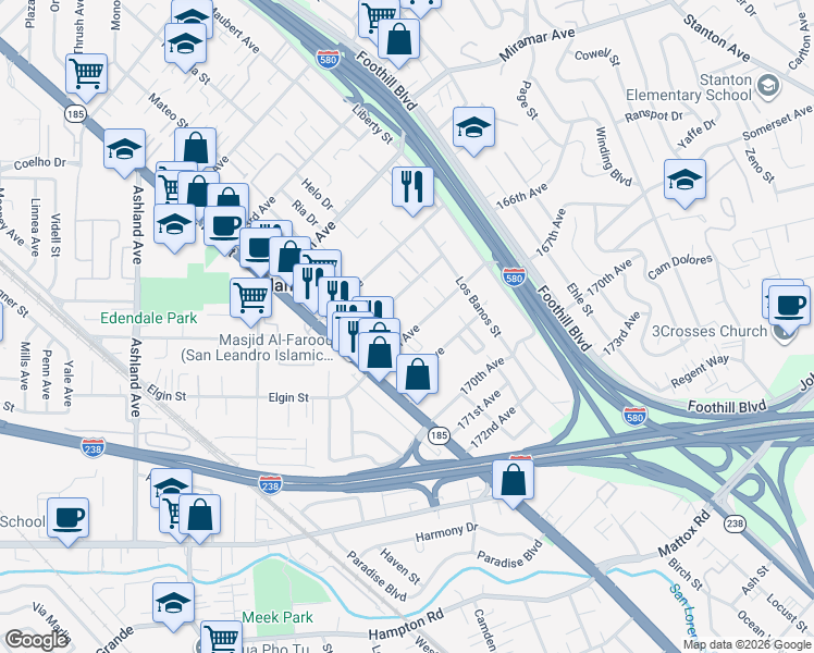 map of restaurants, bars, coffee shops, grocery stores, and more near 1475 167th Avenue in San Leandro