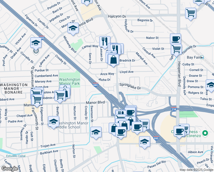 map of restaurants, bars, coffee shops, grocery stores, and more near 585 Jasmine Way in San Leandro