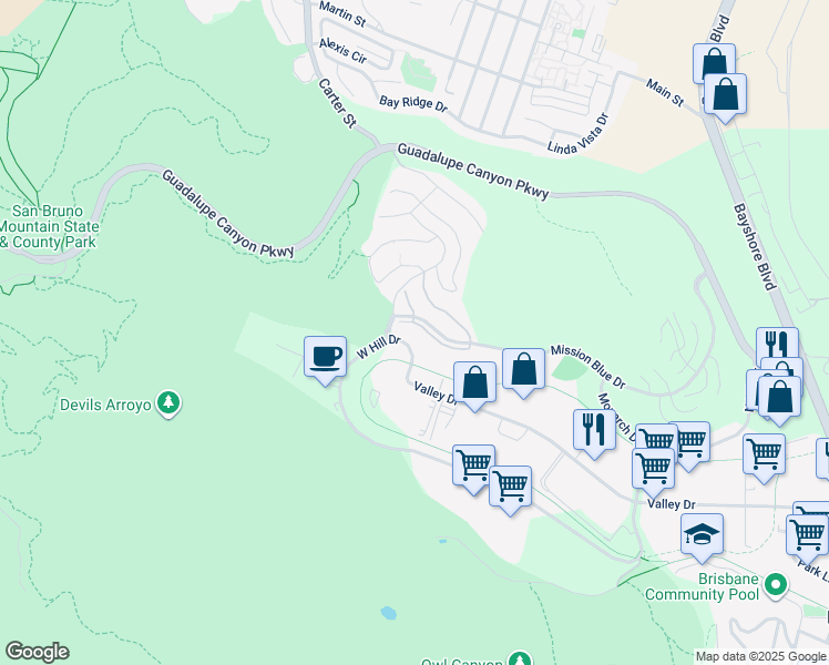 map of restaurants, bars, coffee shops, grocery stores, and more near 733 Swallowtail Court in Brisbane