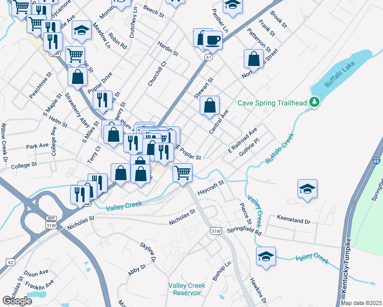 map of restaurants, bars, coffee shops, grocery stores, and more near 2 East Poplar Street in Elizabethtown
