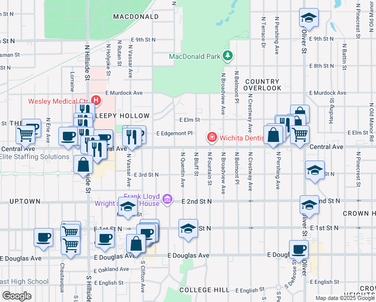 map of restaurants, bars, coffee shops, grocery stores, and more near 451 North Bluff Street in Wichita