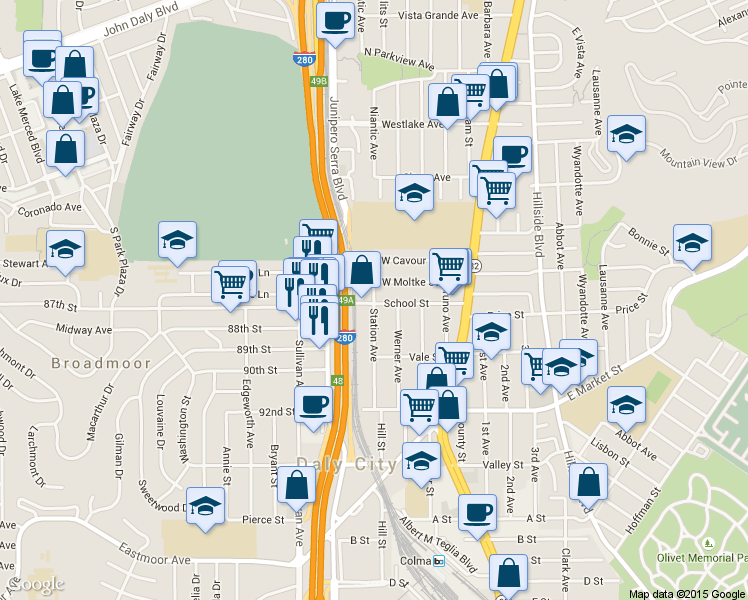 map of restaurants, bars, coffee shops, grocery stores, and more near 93 Station Ave in Daly City