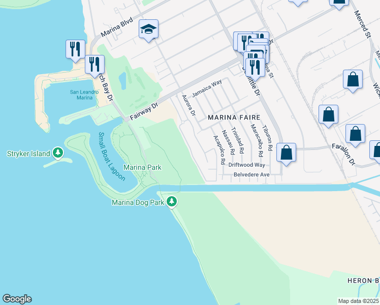 map of restaurants, bars, coffee shops, grocery stores, and more near 14377 Outrigger Drive in San Leandro