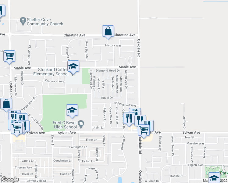 map of restaurants, bars, coffee shops, grocery stores, and more near 3816 Surfside Drive in Modesto