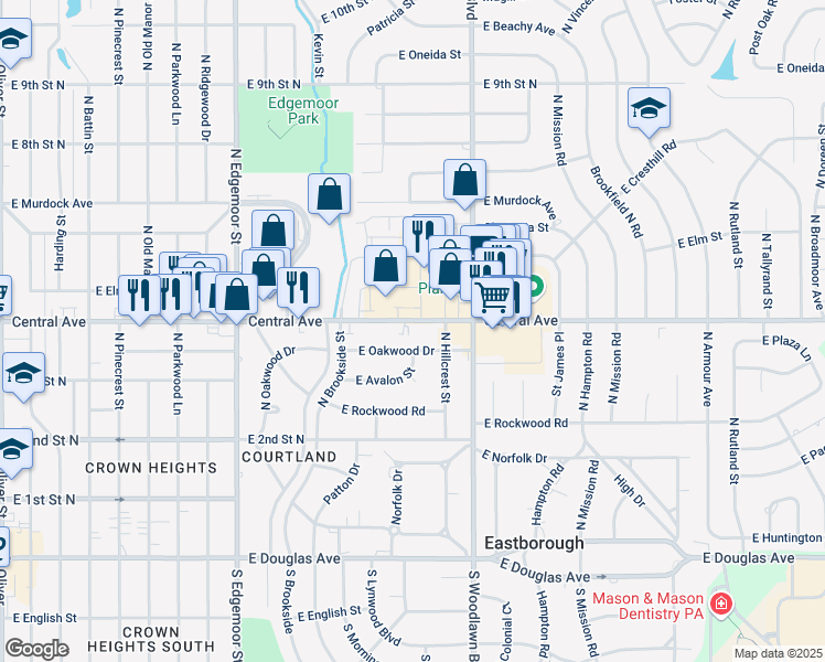 map of restaurants, bars, coffee shops, grocery stores, and more near 6025 East Central Avenue in Wichita