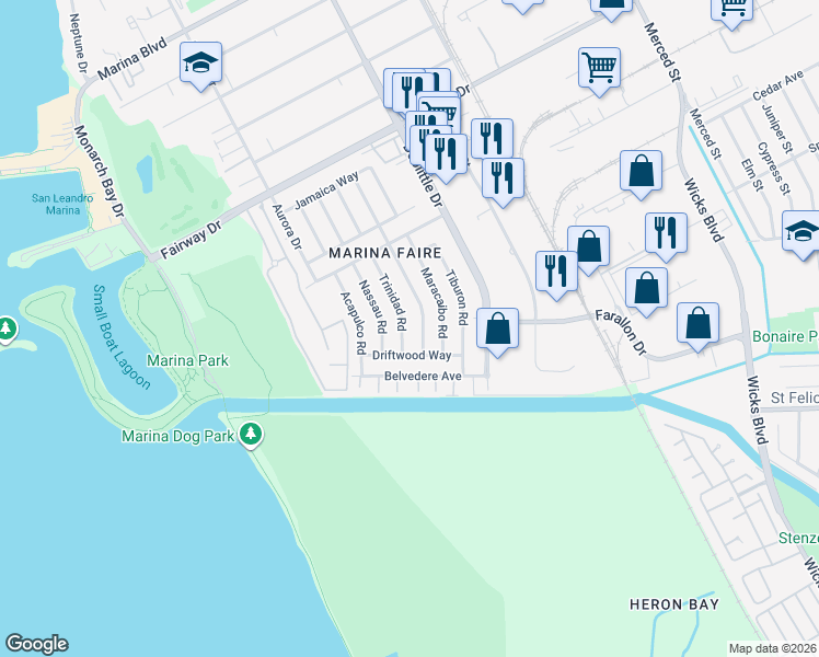 map of restaurants, bars, coffee shops, grocery stores, and more near 14470 Trinidad Road in San Leandro