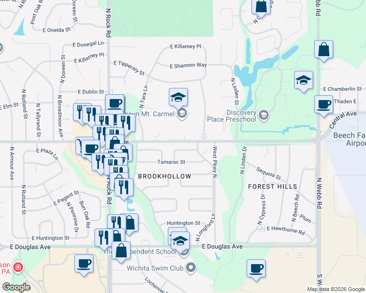 map of restaurants, bars, coffee shops, grocery stores, and more near 8518 Limerick Street in Wichita