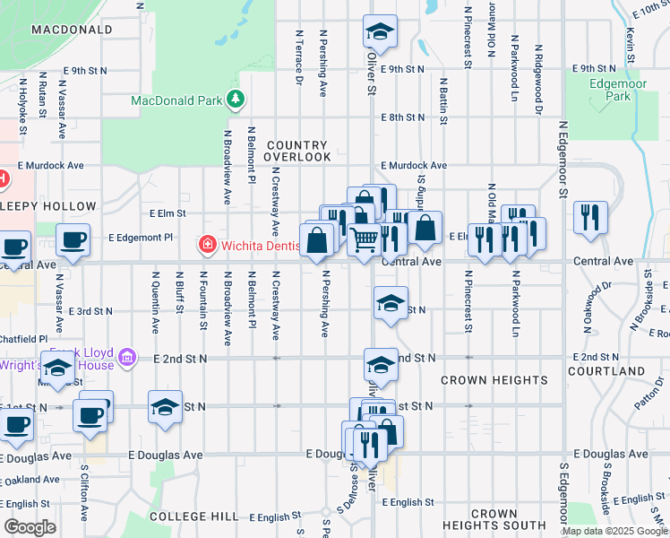 map of restaurants, bars, coffee shops, grocery stores, and more near 4605 East Central Avenue in Wichita