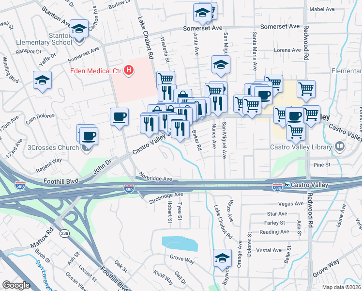 map of restaurants, bars, coffee shops, grocery stores, and more near 20835 Rutledge Road in Castro Valley