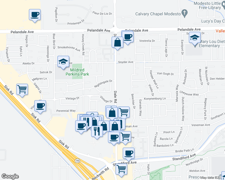 map of restaurants, bars, coffee shops, grocery stores, and more near 3808 Gareth Lane in Modesto