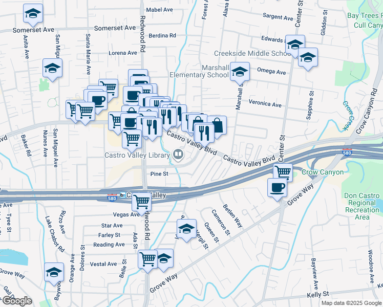 map of restaurants, bars, coffee shops, grocery stores, and more near Story Street in Castro Valley