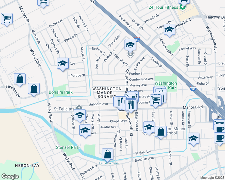 map of restaurants, bars, coffee shops, grocery stores, and more near 1283 Avon Avenue in San Leandro