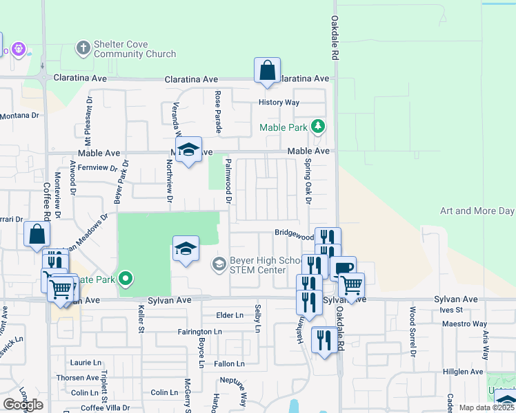 map of restaurants, bars, coffee shops, grocery stores, and more near 3816 Pali Place in Modesto