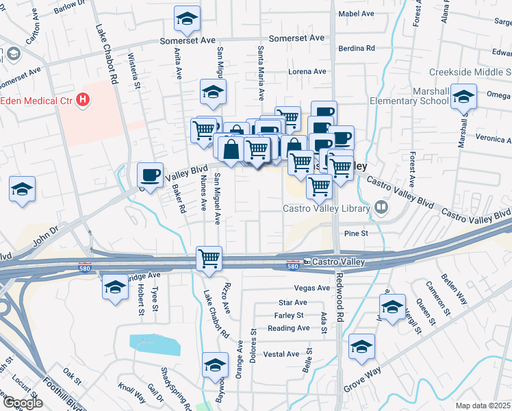map of restaurants, bars, coffee shops, grocery stores, and more near 20957 Ashfield Avenue in Castro Valley