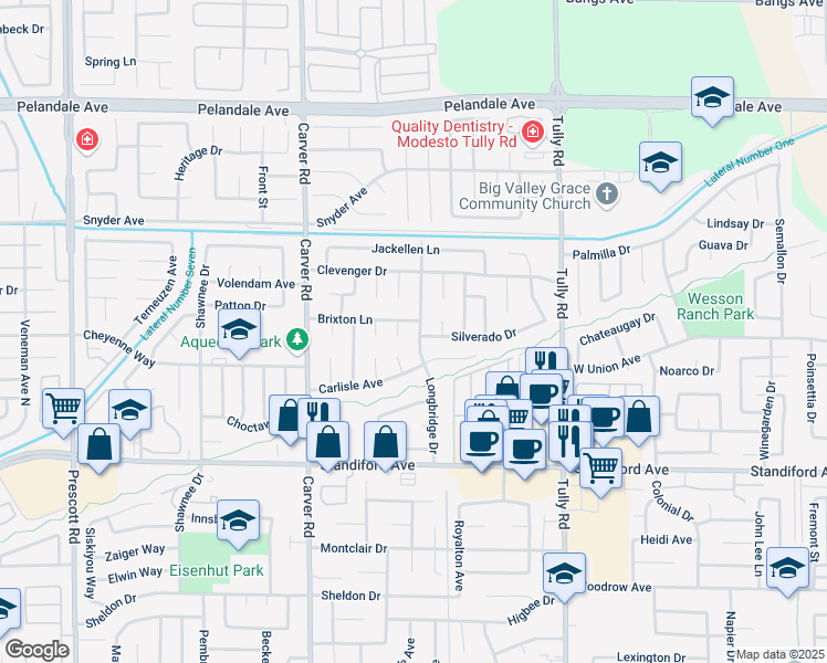 map of restaurants, bars, coffee shops, grocery stores, and more near 3733 Longbridge Drive in Modesto