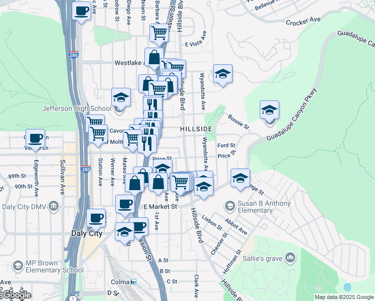 map of restaurants, bars, coffee shops, grocery stores, and more near 773 Hillside Boulevard in Daly City
