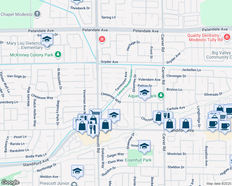 map of restaurants, bars, coffee shops, grocery stores, and more near 3712 Terneuzen Avenue in Modesto