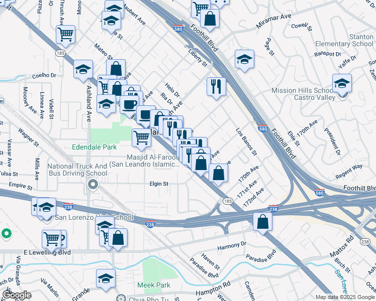 map of restaurants, bars, coffee shops, grocery stores, and more near 1425 166th Avenue in San Leandro