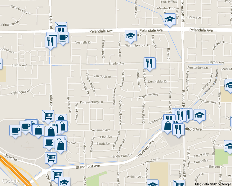 map of restaurants, bars, coffee shops, grocery stores, and more near 3712 Marsala Way in Modesto
