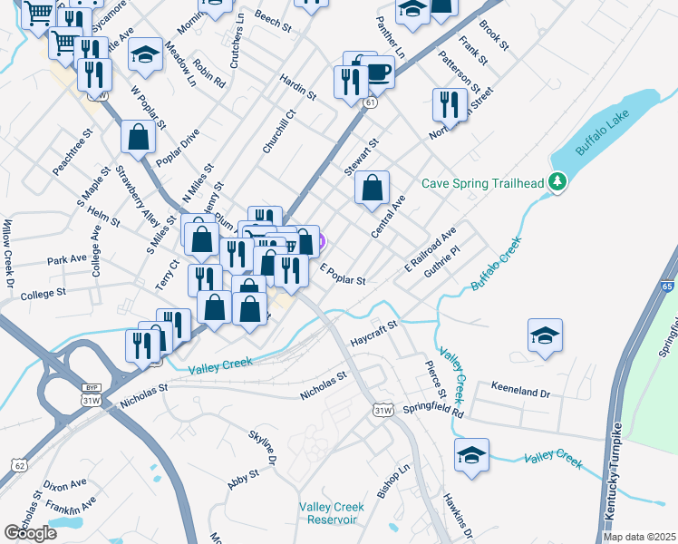 map of restaurants, bars, coffee shops, grocery stores, and more near 2 East Poplar Street in Elizabethtown