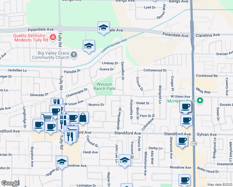 map of restaurants, bars, coffee shops, grocery stores, and more near 829 West Union Avenue in Modesto