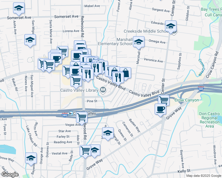map of restaurants, bars, coffee shops, grocery stores, and more near Story Street in Castro Valley