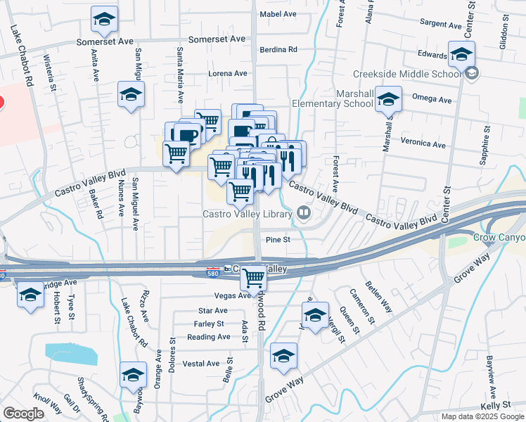 map of restaurants, bars, coffee shops, grocery stores, and more near 20980 Redwood Rd in Castro Valley