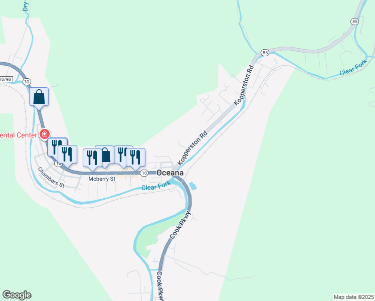 map of restaurants, bars, coffee shops, grocery stores, and more near West Virginia 85 in Cyclone