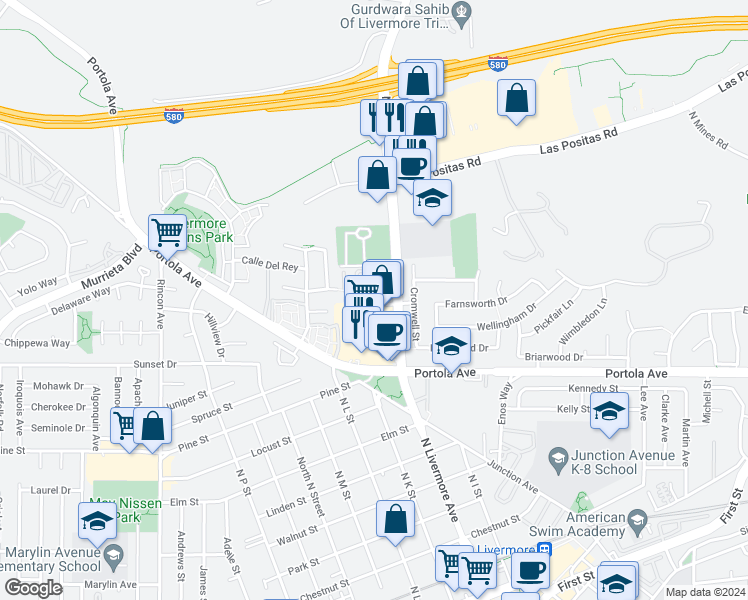 map of restaurants, bars, coffee shops, grocery stores, and more near 2077 Rapallo Common in Livermore
