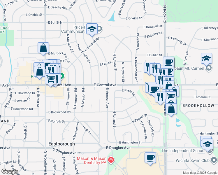 map of restaurants, bars, coffee shops, grocery stores, and more near 450 North Armour Street in Wichita