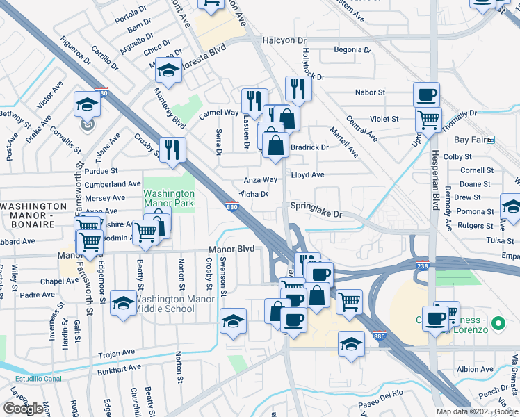 map of restaurants, bars, coffee shops, grocery stores, and more near 585 Jasmine Way in San Leandro