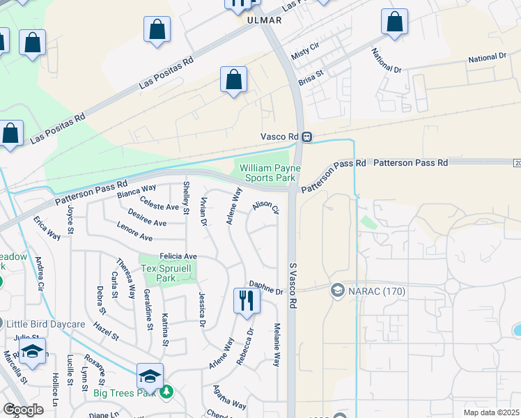map of restaurants, bars, coffee shops, grocery stores, and more near 815 Alison Circle in Livermore