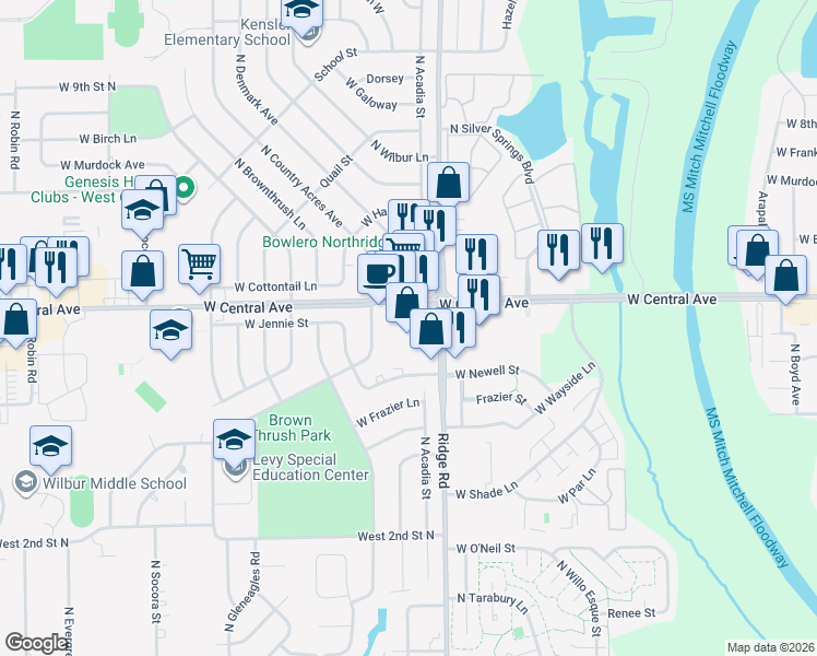 map of restaurants, bars, coffee shops, grocery stores, and more near 7377 West Central Avenue in Wichita