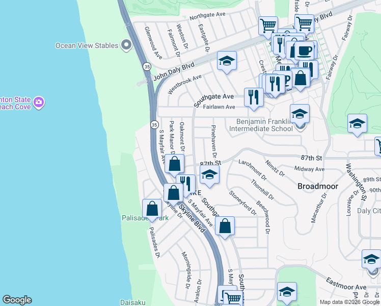 map of restaurants, bars, coffee shops, grocery stores, and more near 2 Creston Avenue in Daly City