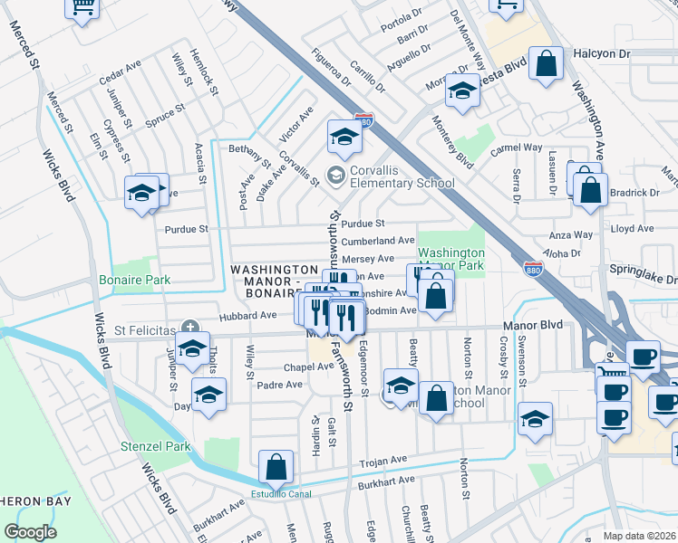 map of restaurants, bars, coffee shops, grocery stores, and more near 14896 Farnsworth Street in San Leandro