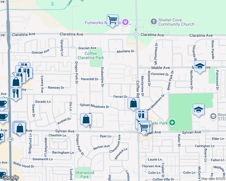 map of restaurants, bars, coffee shops, grocery stores, and more near 3713 Ghia Court in Modesto