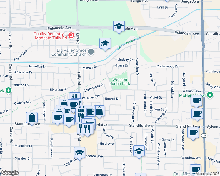 map of restaurants, bars, coffee shops, grocery stores, and more near 1021 West Union Avenue in Modesto