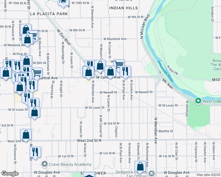 map of restaurants, bars, coffee shops, grocery stores, and more near 611 North Custer Street in Wichita